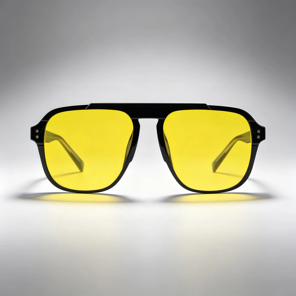 Black Double Bridge Aviator Sunglasses with Yellow Lenses